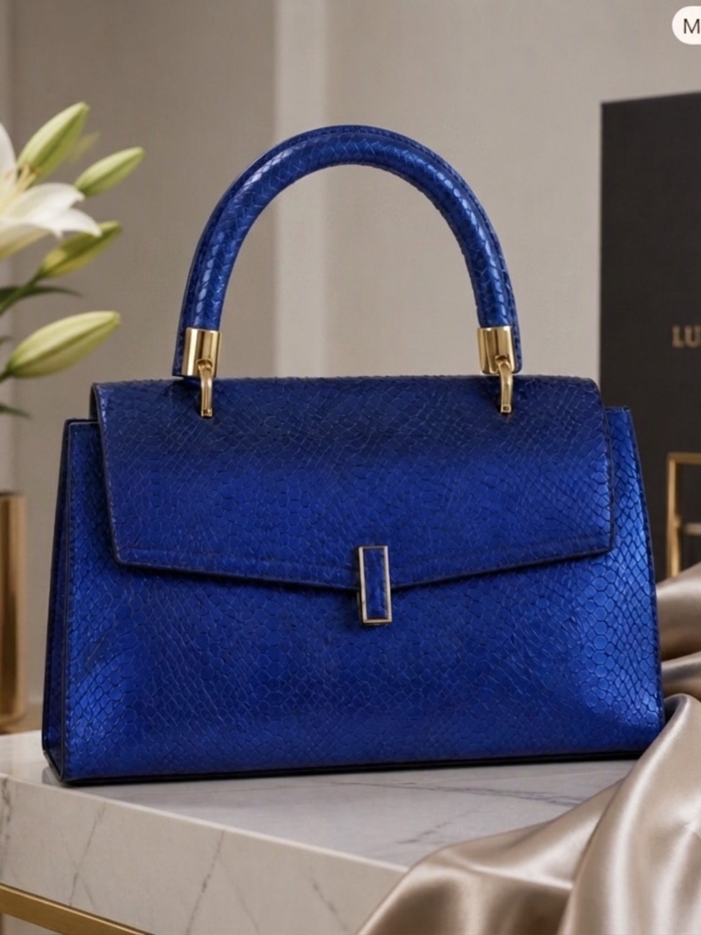 Electric Blue Metallic Snake-Embossed Structured Satchel